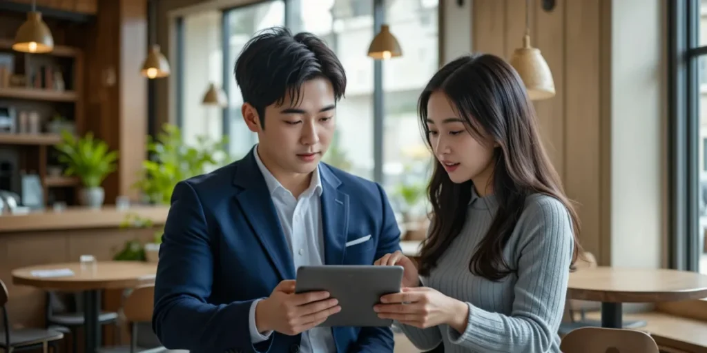 태블릿으로 남녀별 최적의 단식법을 비교하는 커플의 모습