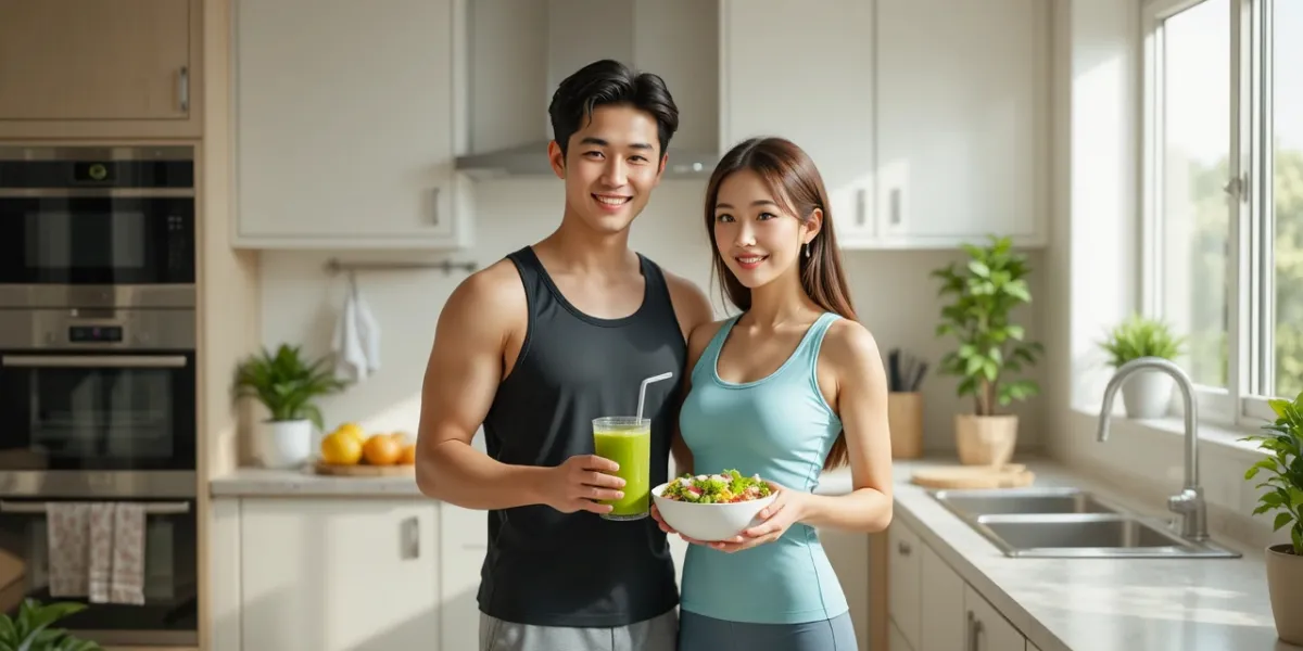 아침에 건강한 식단을 준비하는 남녀 모습