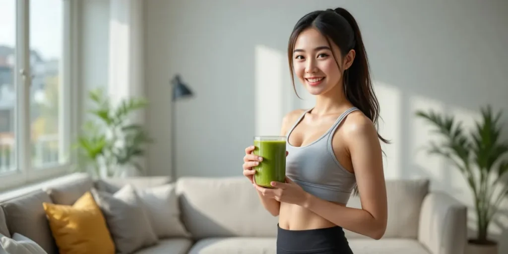 건강한 음료를 들고 밝고 자신감 있게 웃고 있는 모습