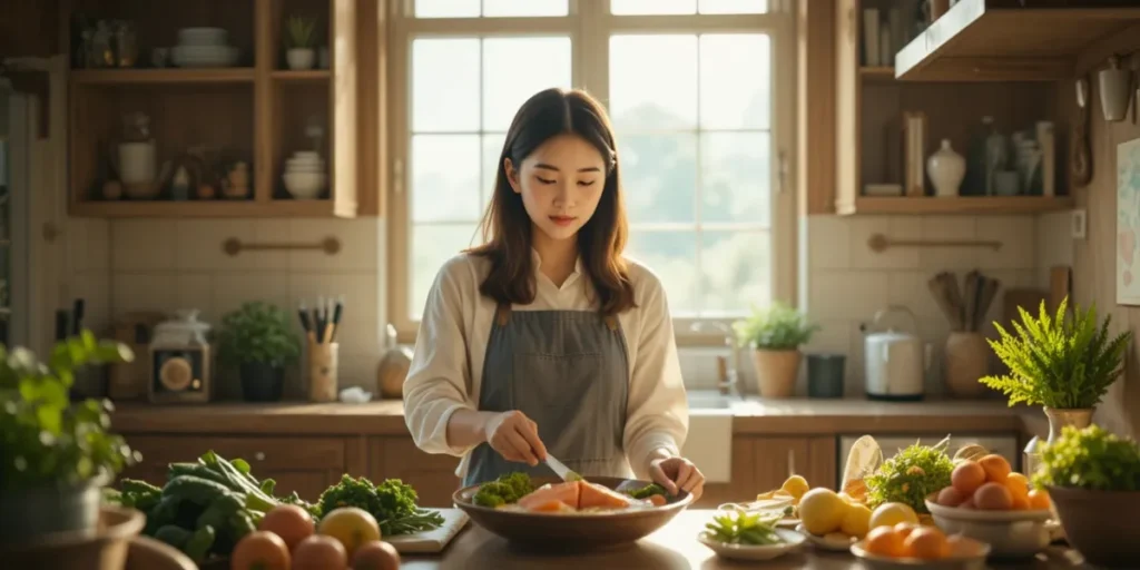 주방에서 신선한 채소와 연어로 건강한 식단을 준비하는 모습