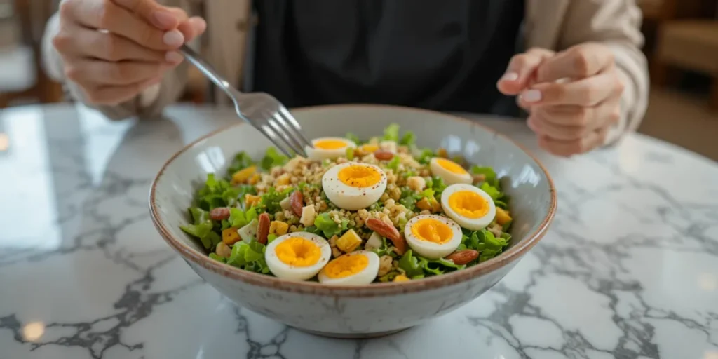 단백질 위주의 샐러드로 첫 식사를 하는 모습