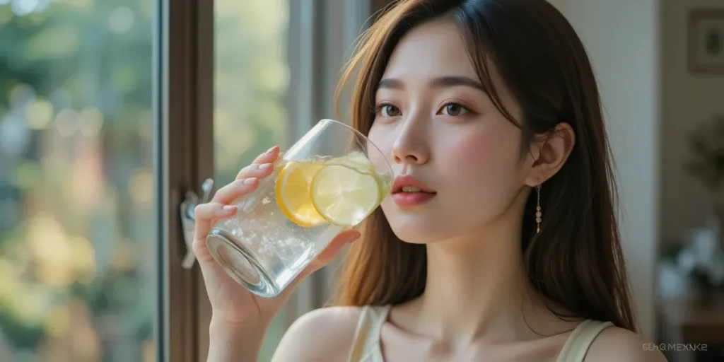 단식 중 수분 보충과 미네랄 섭취 위해 레몬수를 마시고 있는 모습