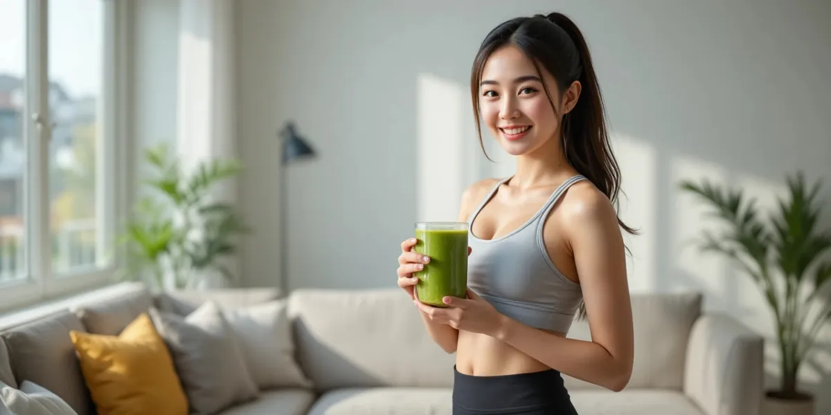 건강한 음료를 들고 밝고 자신감 있게 웃고 있는 모습