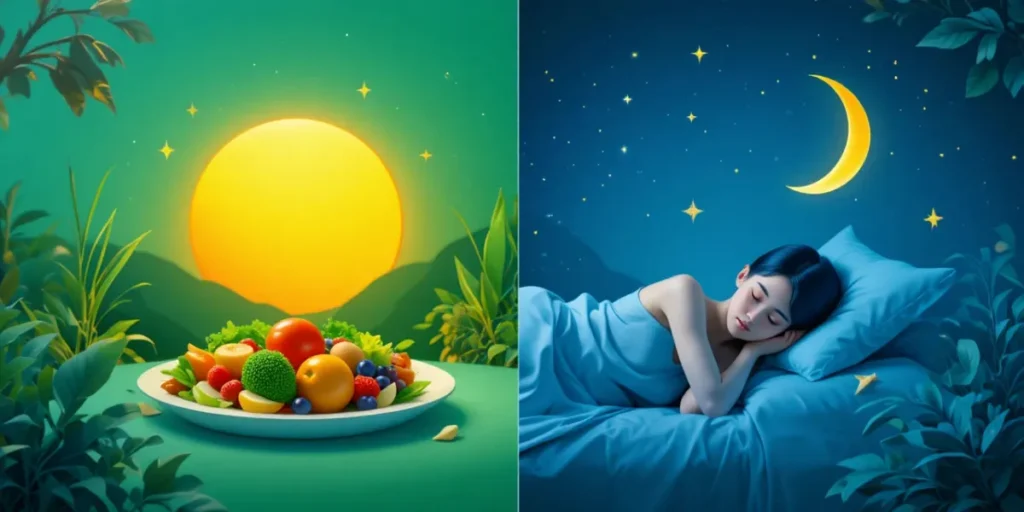 해와 달, 음식과 수면이 대비되는 입체적인 상징적 모습