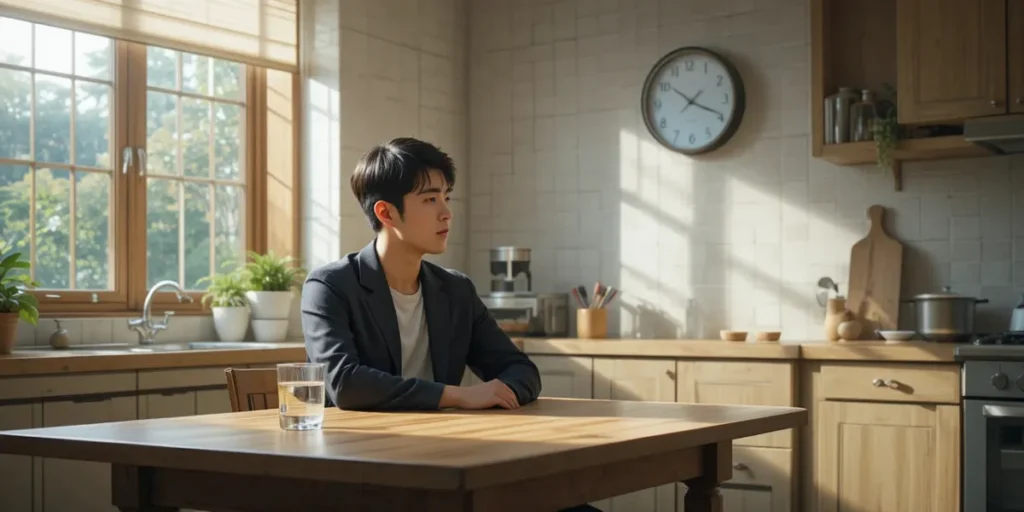 계를 보는 모습	생체 리듬에 맞춰 식사 시간을 확인하는 남성의 모습