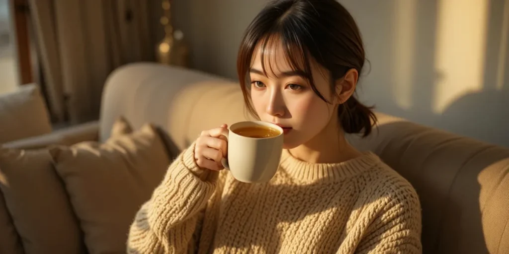 공복감을 달래며 신경을 안정시키기 위해 차를 마시는 여성 모습
