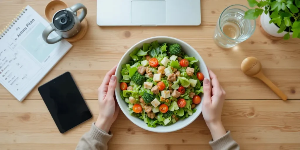 테이블 위에 식단 플래너와 건강한 음식이 놓인 모습