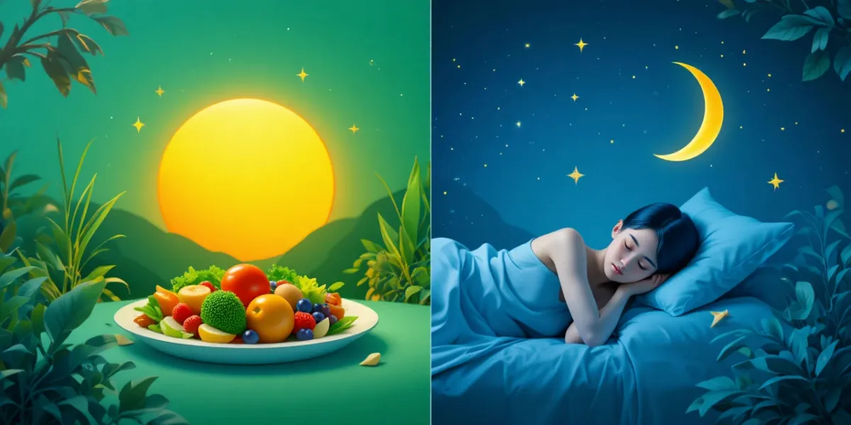 해와 달, 음식과 수면이 대비되는 입체적인 상징적 모습