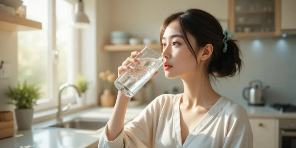 단식 중 갈증 해소를 위해 물을 마시며 수분을 보충하는 여성의 모습