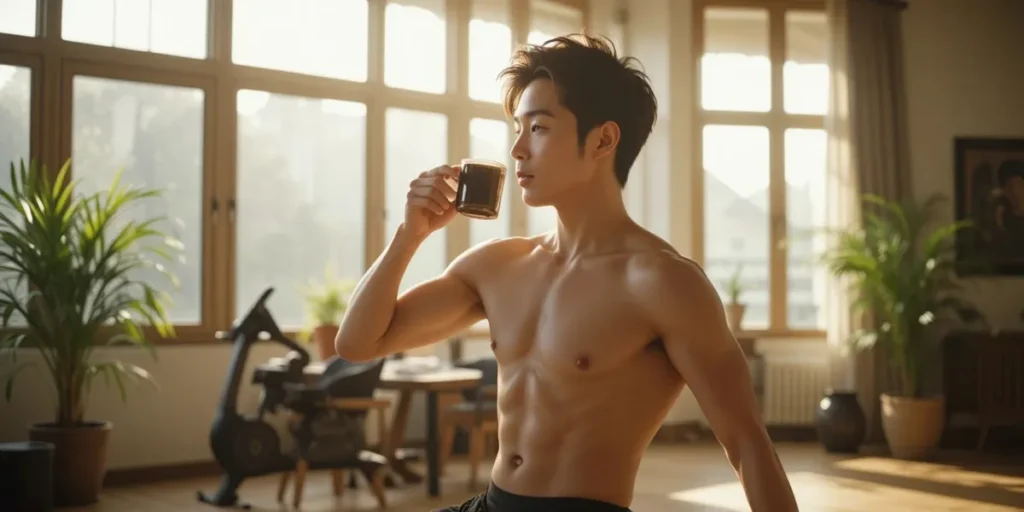 공복 운동 전 카페인 섭취로 에너지 높이는 남성의 모습