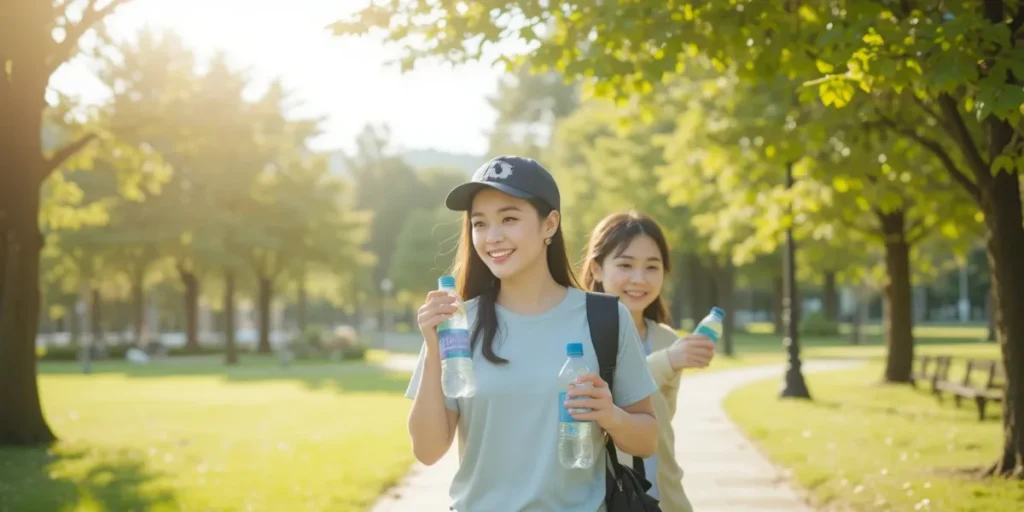 공원에서 활기차게 걸으며 건강한 에너지를 발산하는 모습