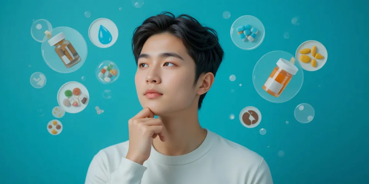 물과 커피 사이에서 고민하며 생각에 잠긴 남성의 모습