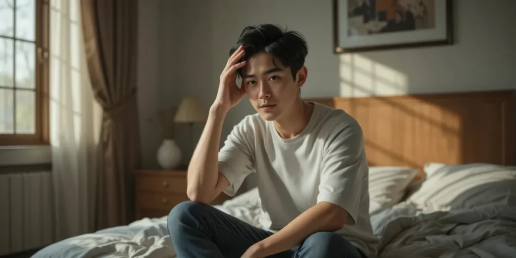 침대 가장자리에 앉아 머리를 짚으며 기상 직후 나타나는 어지럼증을 느끼는 모습