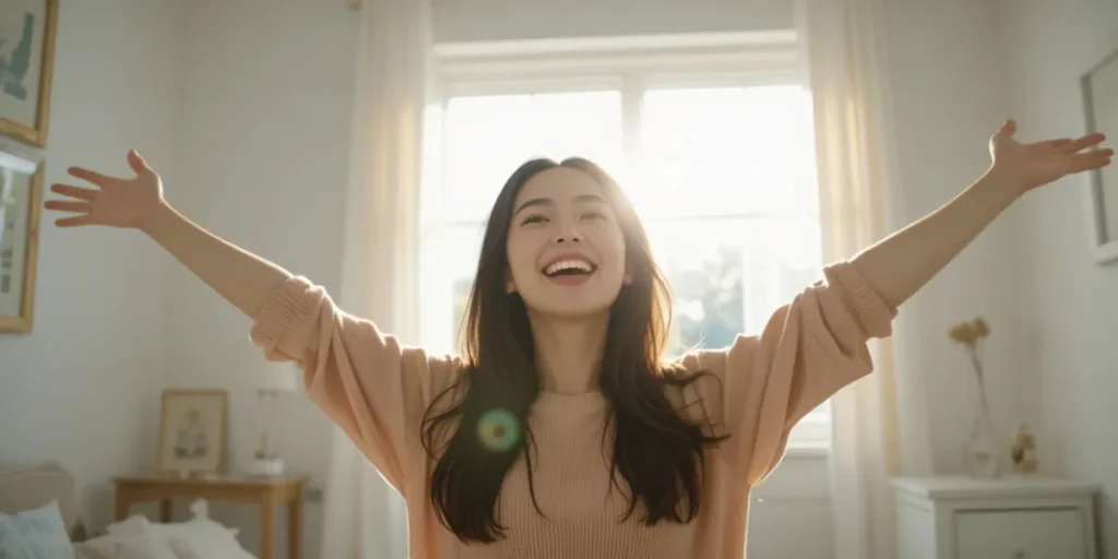 창가에서 두 팔을 벌려 햇살을 만끽하며 웃고 있는 모습