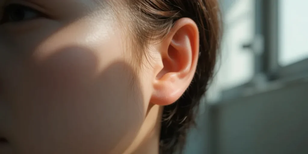 밝은 조명 아래서 평형 감각 기관인 귀와 옆 얼굴이 클로즈업 된 모습