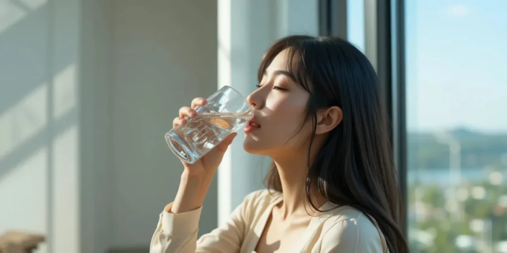 혈액 순환을 돕는 기상 직후 수분 섭취를 위해 물 한 잔을 마시고 있는 모습