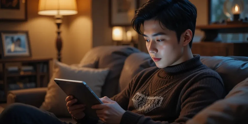 소파에 앉아 태블릿으로 증상 완화를 위한 건강 정보를 검색하고 있는 모습