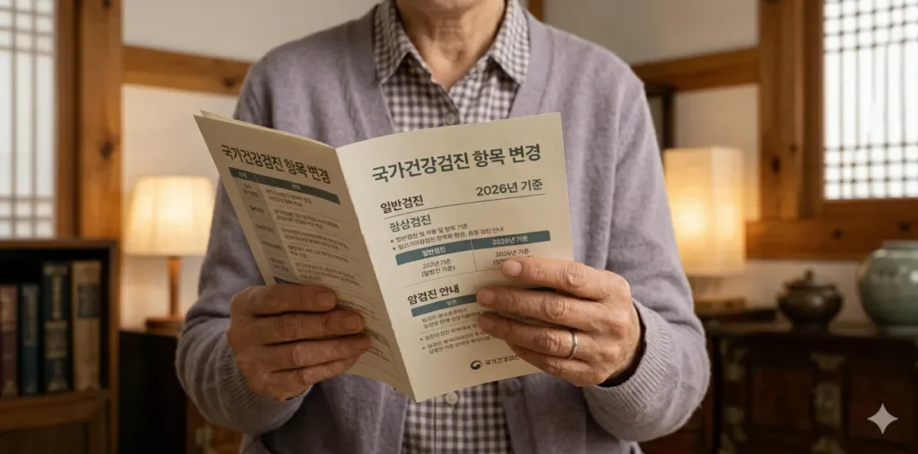 최신 국가건강검진 변경사항 안내문을 들고 있는 모습