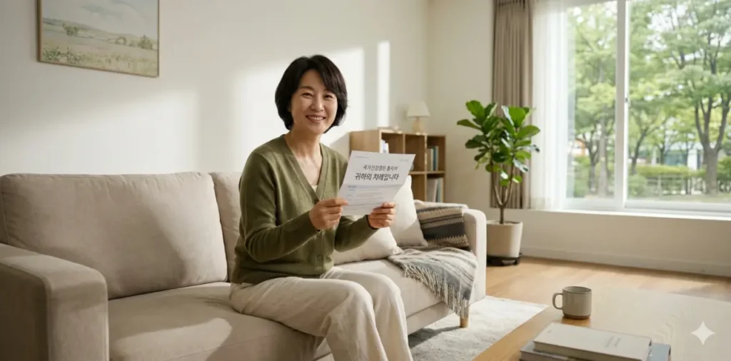 국가건강검진 대상자 통지서를 확인하는 한국인 모습