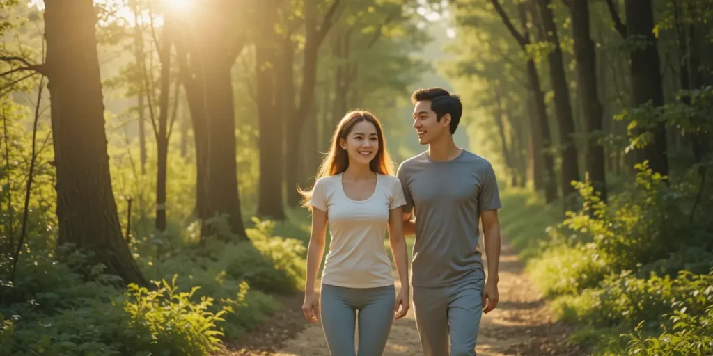국가건강검진 대상 확인 후 숲길을 걸으며 대화하는 부부의 모습
