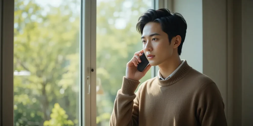 창가에서 전화로 검진 예약을 진행 중인 남성 모습