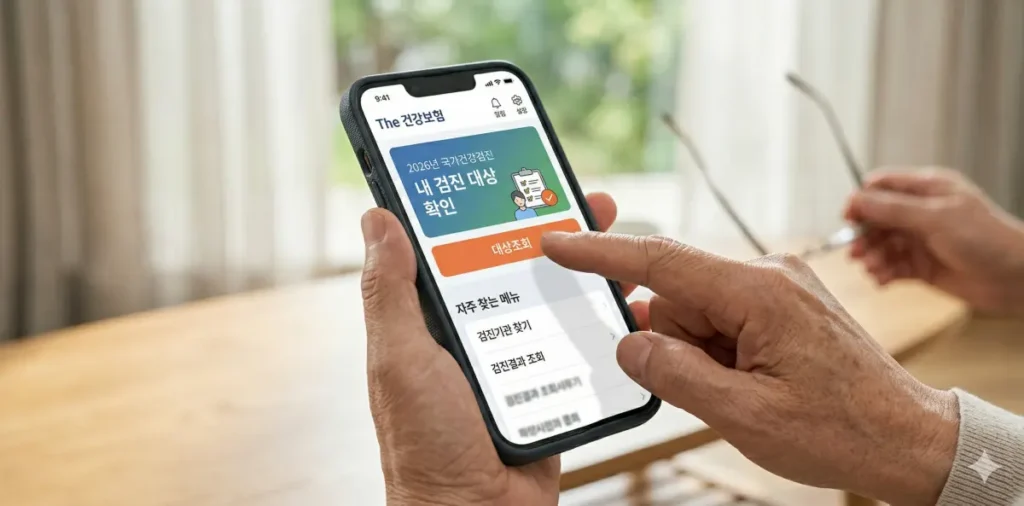 휴대폰 앱으로 건강검진 대상자 조회 방법을 실행하는 모습
