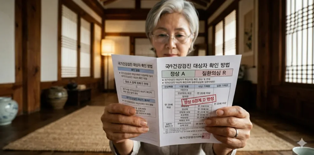 우편으로 발송된 국민건강보험 검진 대상 확인 통지서을 읽고 있는 모습
