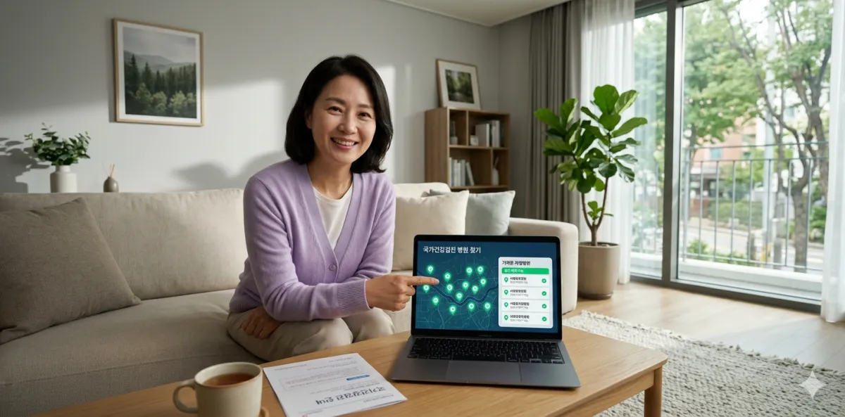 국가건강검진 병원 찾기 위해 노트북을 보며 웃는 모습