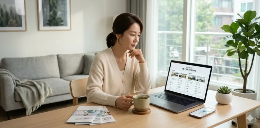 책상에서 노트북으로 병원의 장비와 시설을 확인하는 모습