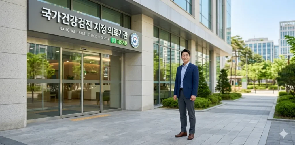 국가건강검진 지정 병원 입구 앞에 서 있는 모습