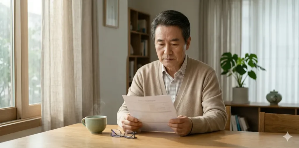 국가건강검진 항목 지표를 꼼꼼히 살피는 중년 남성의 모습