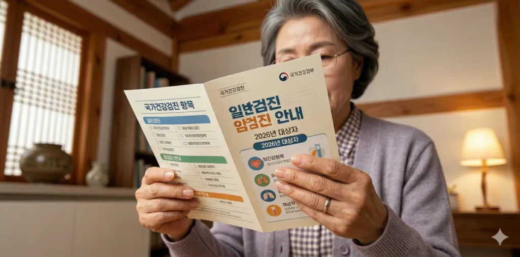 국가건강검진 검사 내용 안내문을 읽고 있는 여성의 모습