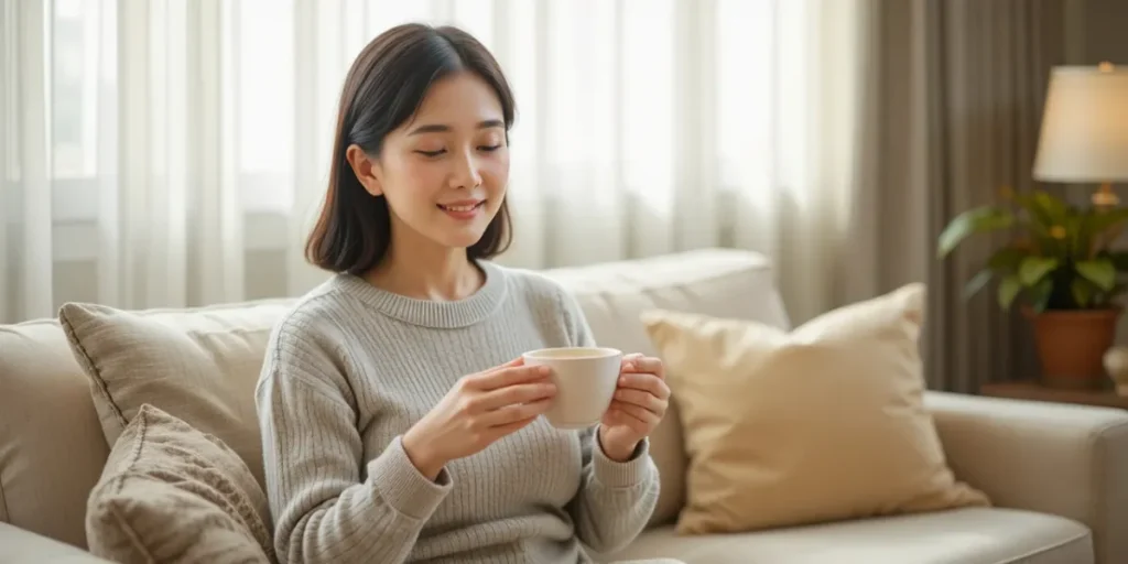 건강검진 시기 확인 후 소파에 앉아 편안하게 쉬는 모습