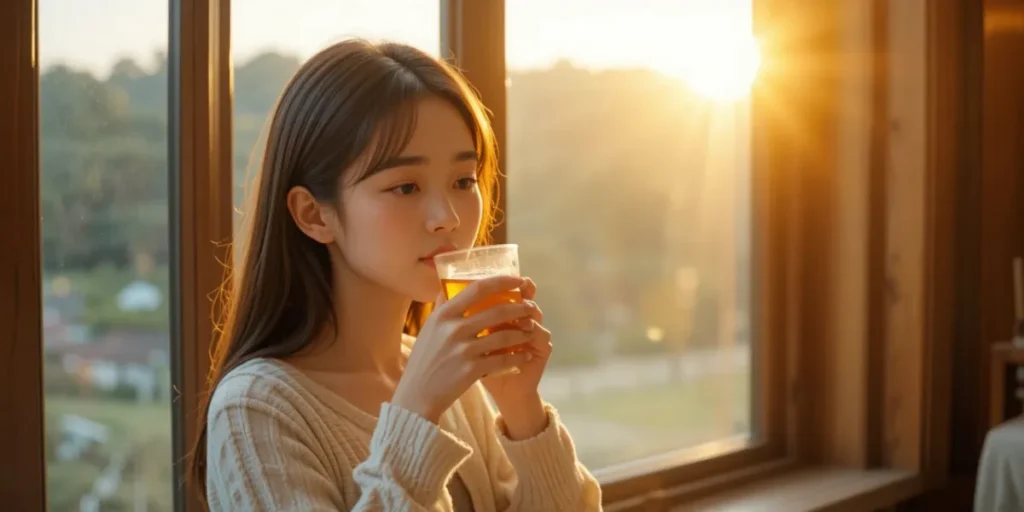 전신 순환을 위해 따뜻한 물을 섭취하는 모습