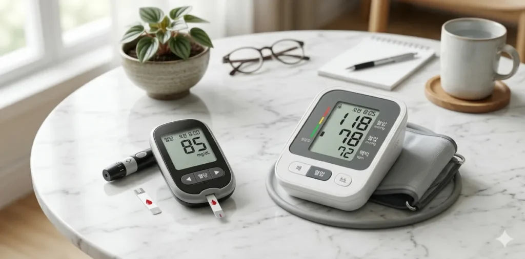 테이블 위에 놓인 혈당 측정기와 혈압계의 모습