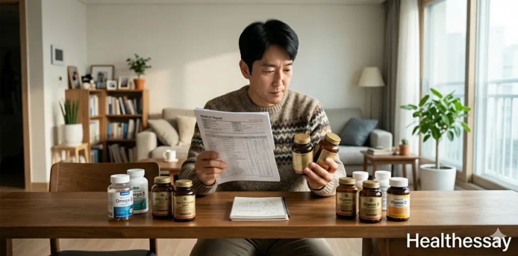 건강검진 결과표 수치별 맞춤 영양제 고르는 법을 위해 서류를 대조하는 모습