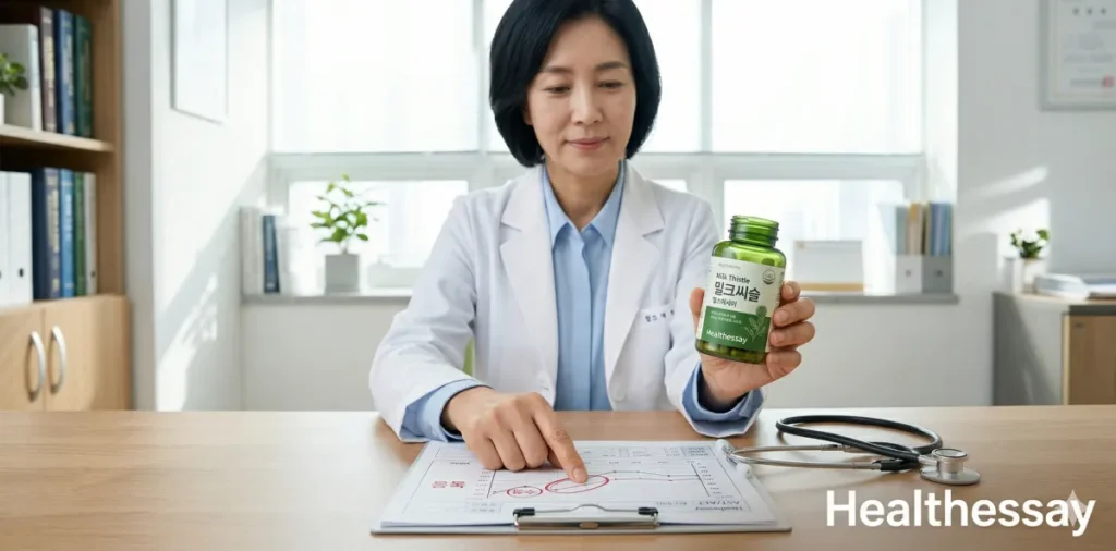 혈액검사 수치별 영양제 설계를 위해 상담용 차트를 보는 모습