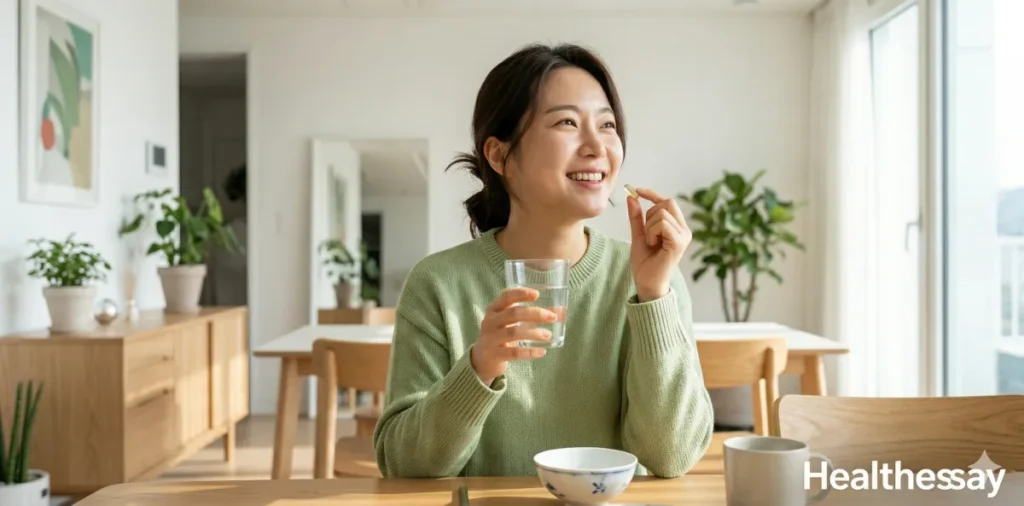 혈액검사 빈혈 수치 낮을 때 철분제 선택 후 물과 함께 섭취하는 모습