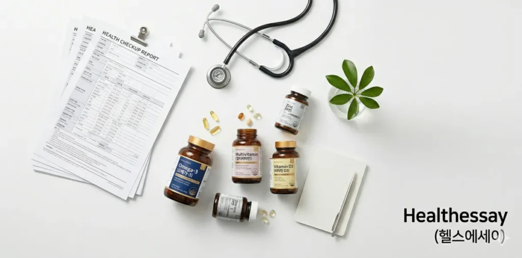 깔끔한 책상 위에 건강검진 결과표와 제품들이 정갈하게 놓여있는 모습