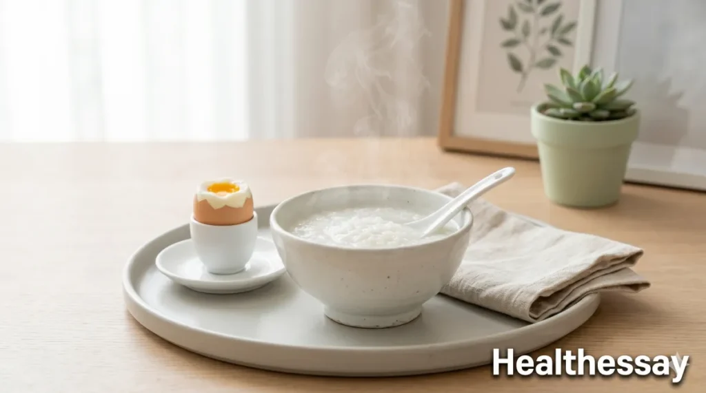 대장내시경 전날 따뜻한 흰죽과 계란이 쟁반에 정갈하게 담긴 모습