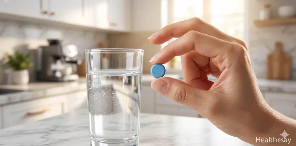 오라팡 가루약 비교 후 알약을 복용하려는 손 모습