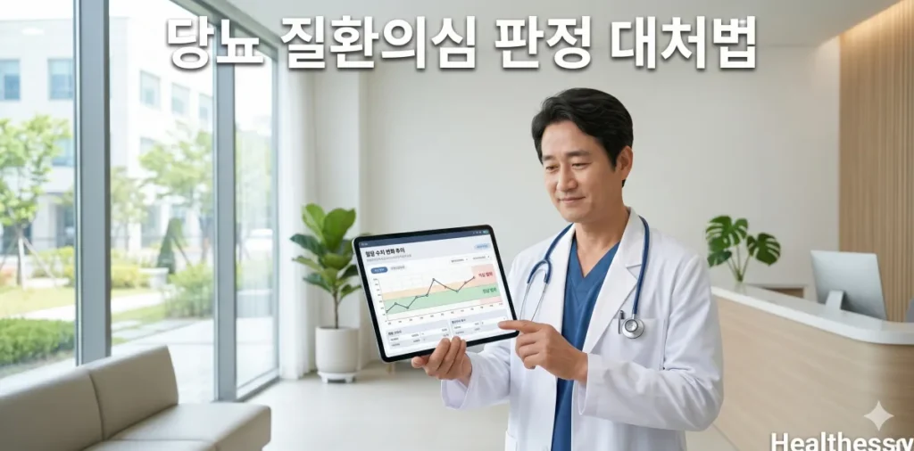 당뇨 질환의심 판정 대처법 확인을 위해 의사의 설명을 듣는 모습