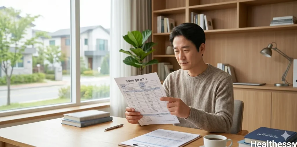 책상 앞에 앉아 국가검진 당뇨 질환의심 재검 결과표 확인하는 모습