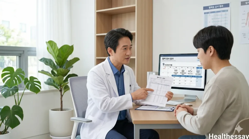 진료실에서 전문의가 당화혈색소 6.5 의미와 확진 기준을 설명하는 모습