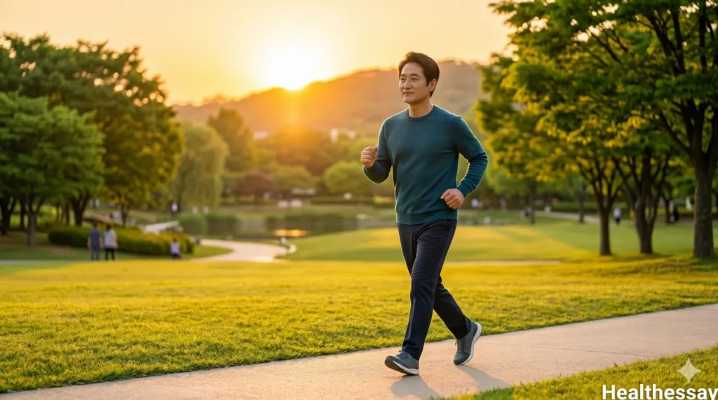 혈당 스파이크를 막기 위해 해 질 녘 공원을 힘차게 걷는 모습