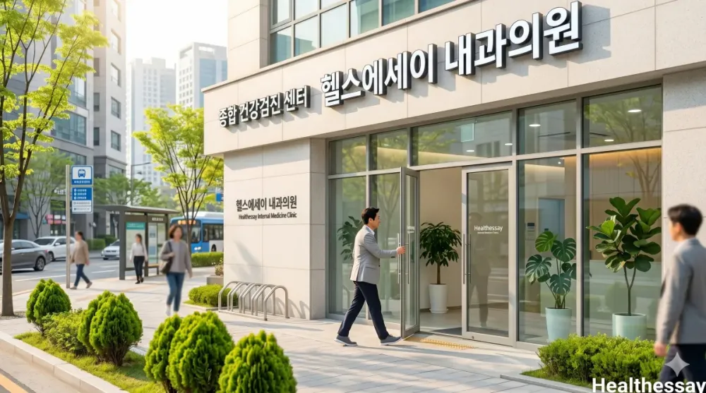 당뇨 2차 재검사를 받기 위해 내과 의원 입구로 들어가는 남성의 모습