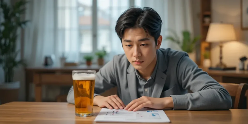 건강검진 전날 술 마시고 고민하는 남성의 모습