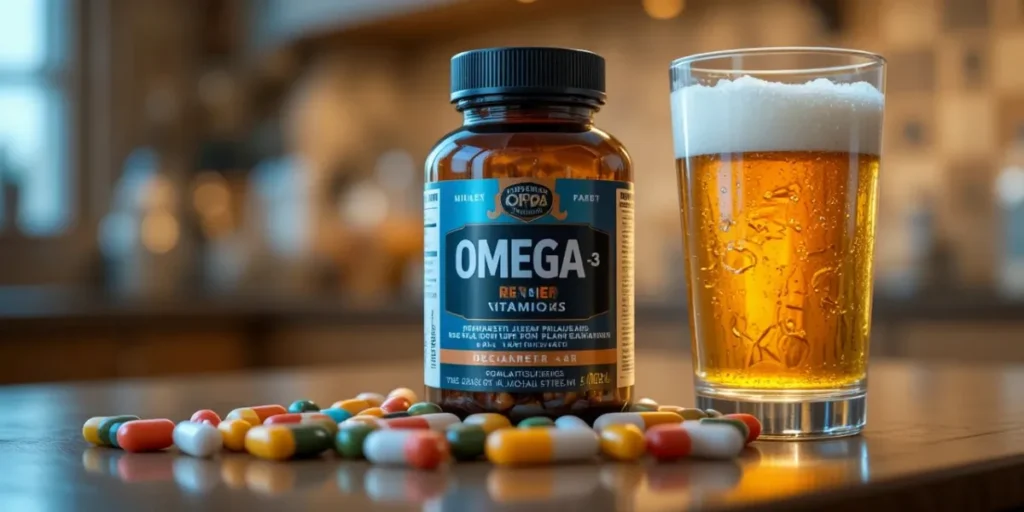 맥주잔 옆에 놓인 비타민 영양제병 모습