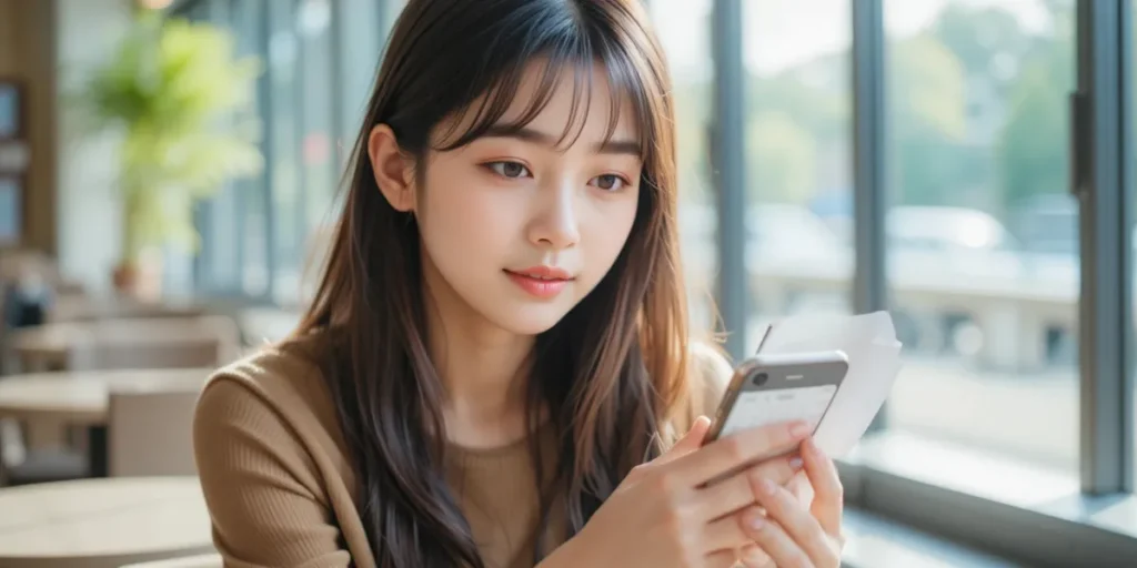 스마트폰으로 검진 일정을 확인하는 여성의 모습