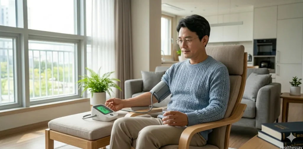 집에서 올바른 혈압 자세로 혈압 측정을 하는 모습